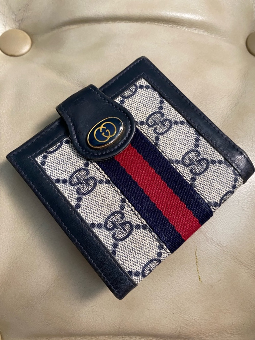 Vintage Gucci Bifold Wallet GG Web Stripe Sherry Unisex w/Coin Pouch